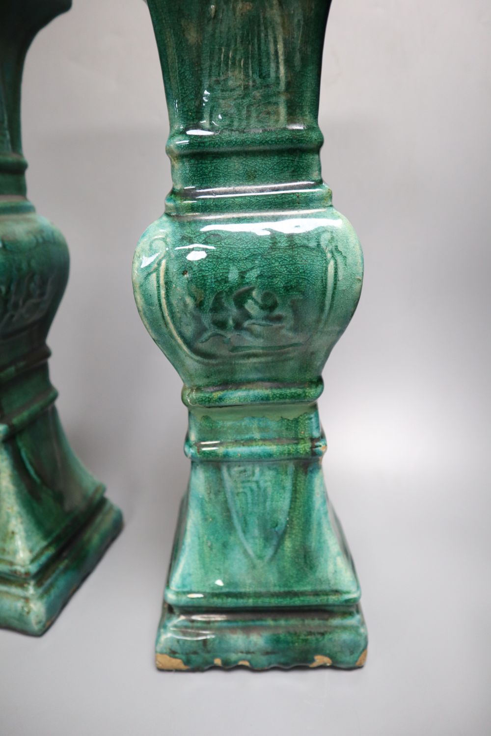 A pair of Chinese turquoise glazed table lamps, height 43cm (converted vases)